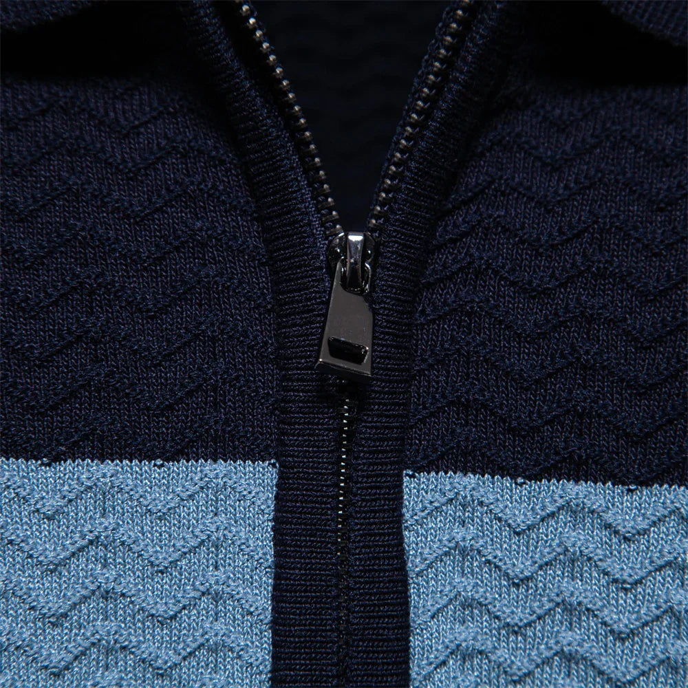 Men's Short-Sleeve Knit Polo Shirt with Striped Chest and Zip Neck