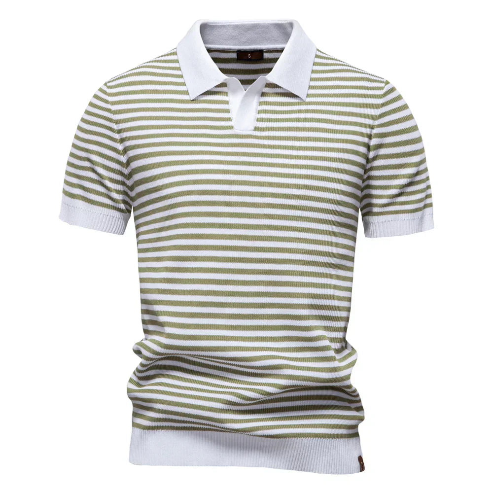 Men's Short Sleeve Striped Polo Shirt with Contrast Knit Design