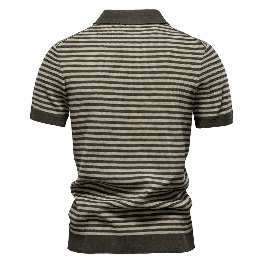 Men's Short Sleeve Striped Polo Shirt with Contrast Knit Design