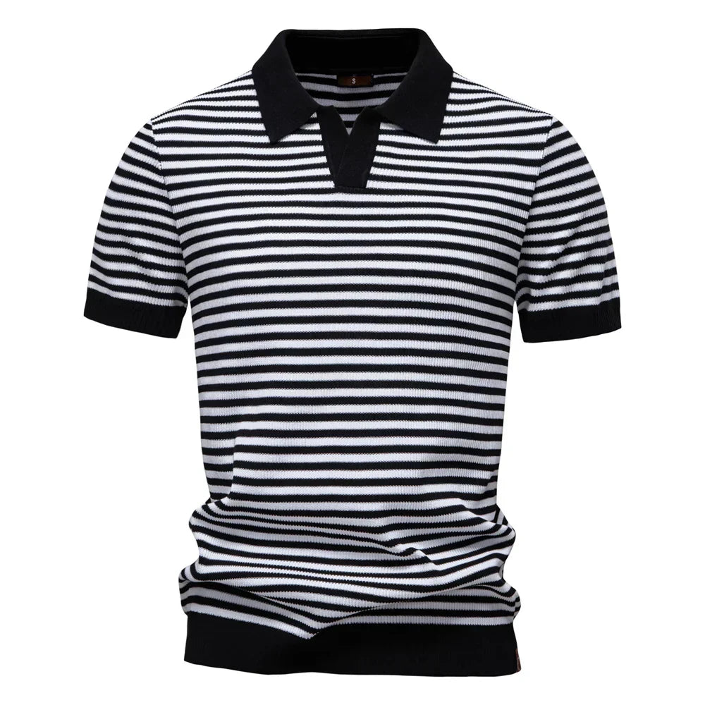 Men's Short Sleeve Striped Polo Shirt with Contrast Knit Design
